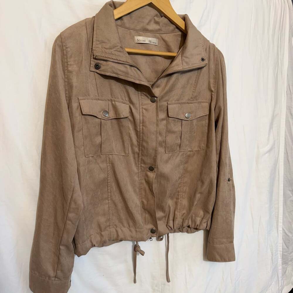 Becool Utility Jacket Size M Brown Faux Suede Drawstring Lightweight